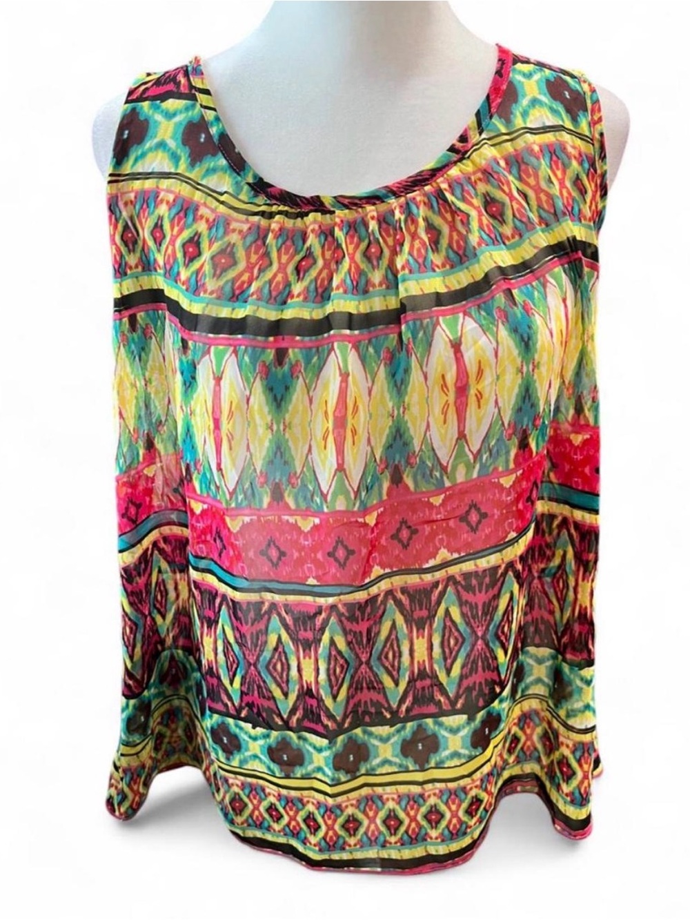 Body Central Vibrant Ikat-Print Sleeveless Top - Pink, Yellow & Green
